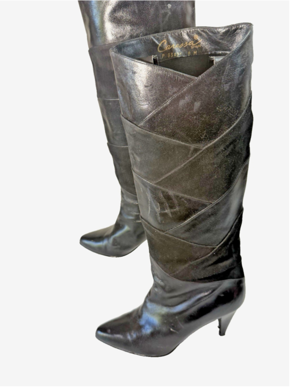 Vintage Caressa Black Leather & Suede Patchwork knee-high boots size 8